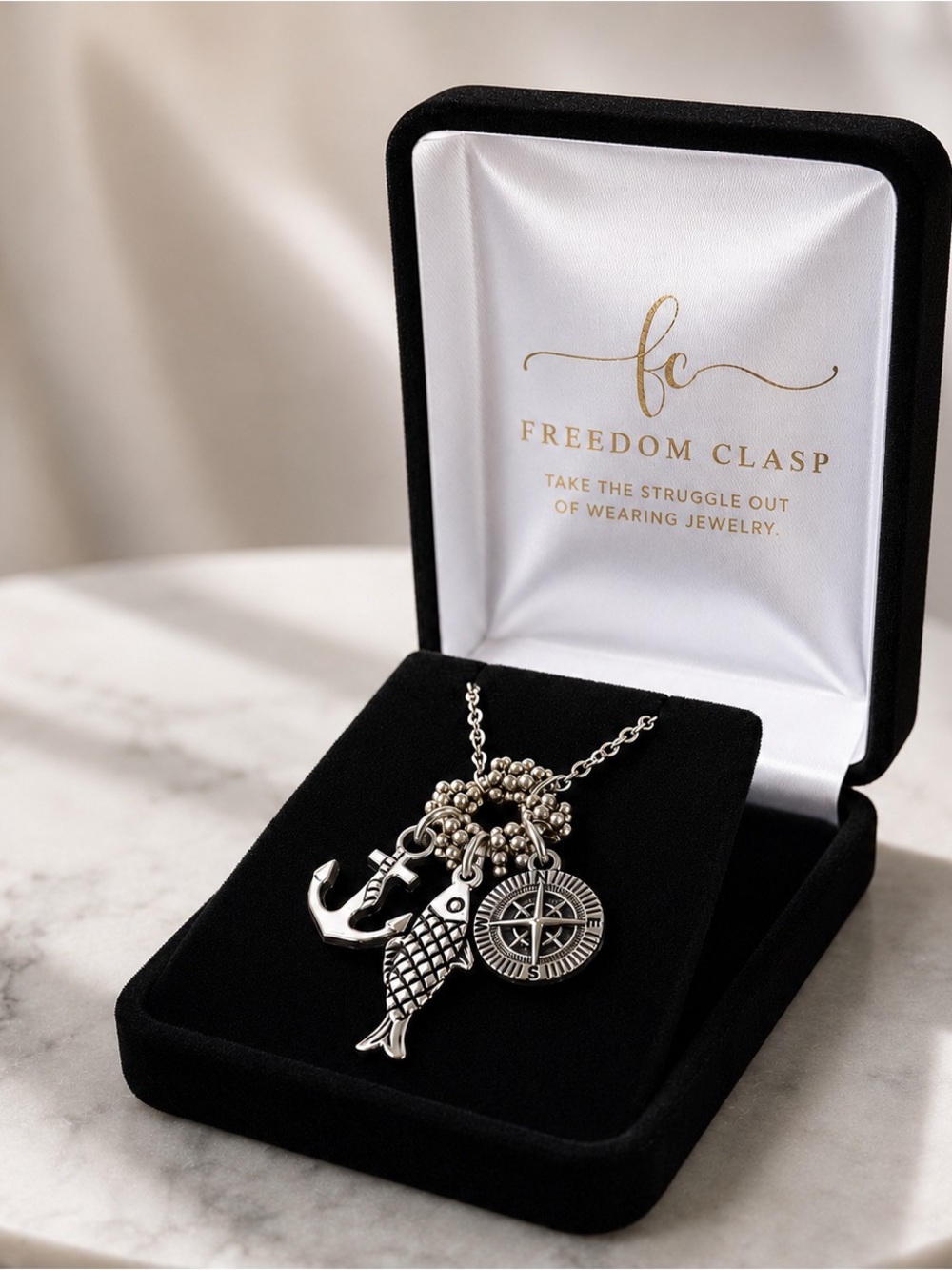 Handmade Nautical Charm Necklace with Freedom Clasp | Anchor Fish Compass Charms - Picture 4 of 7